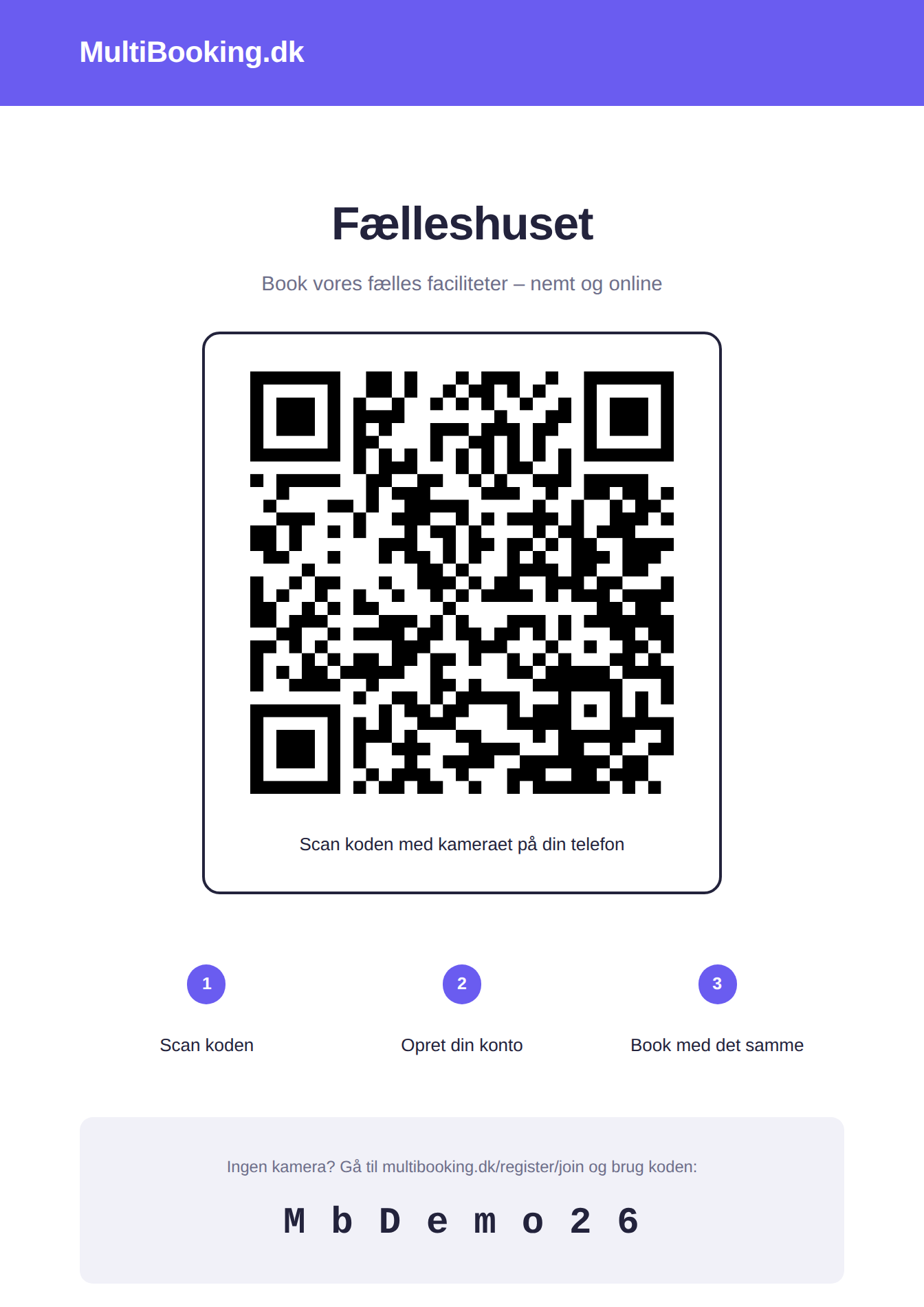 MultiBooking QR-plakat til print – klar til at hænge op